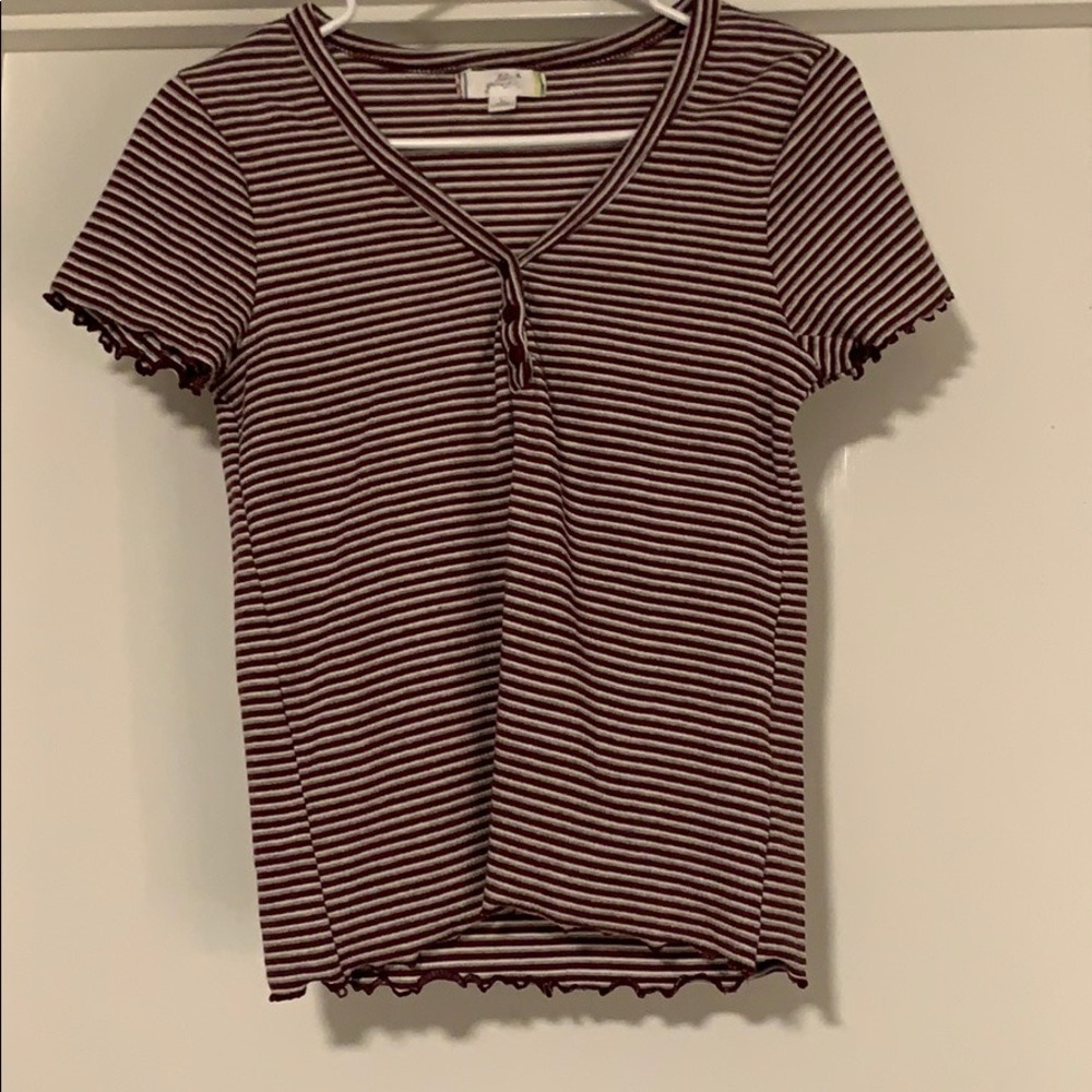 Burgundy, white, and gray striped top